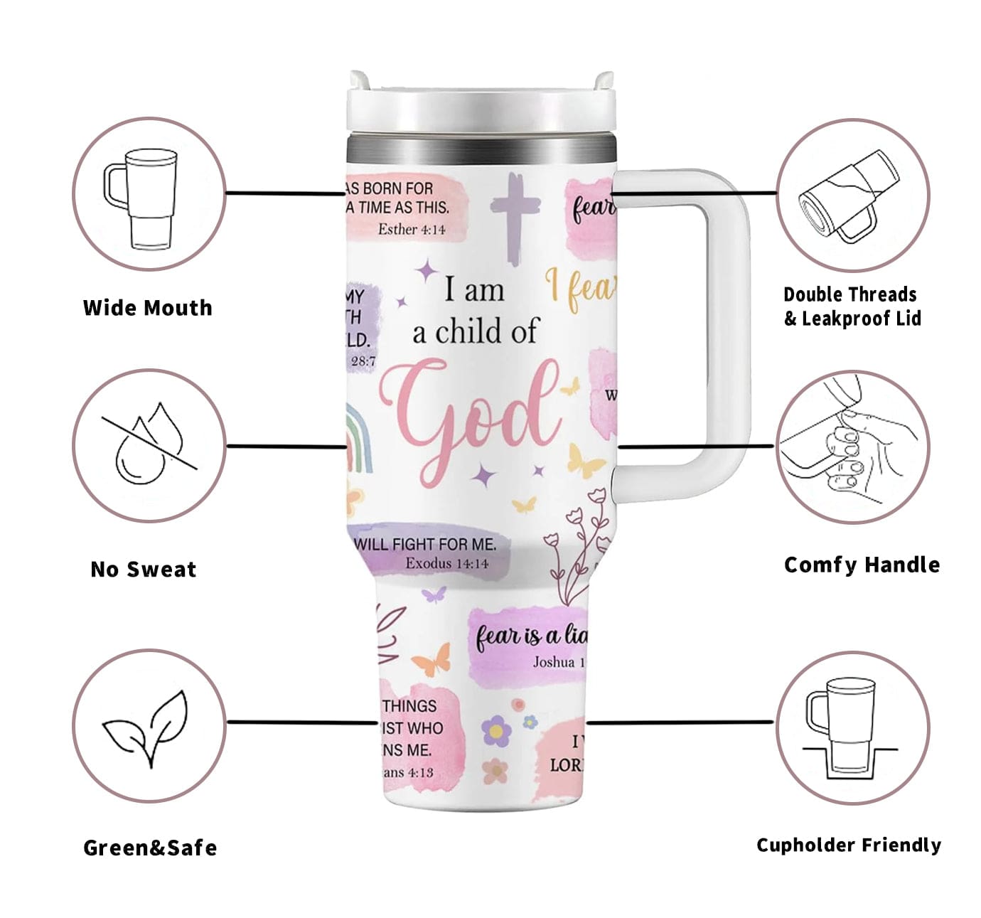 A pastel Christian tumbler with the phrase “I am a child of God” and various Bible verses. Surrounding icons highlight features including wide mouth, no-sweat design, eco-safe materials, comfy handle, leakproof lid, and cupholder-friendly base.