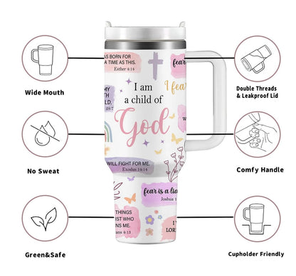 A pastel Christian tumbler with the phrase “I am a child of God” and various Bible verses. Surrounding icons highlight features including wide mouth, no-sweat design, eco-safe materials, comfy handle, leakproof lid, and cupholder-friendly base.